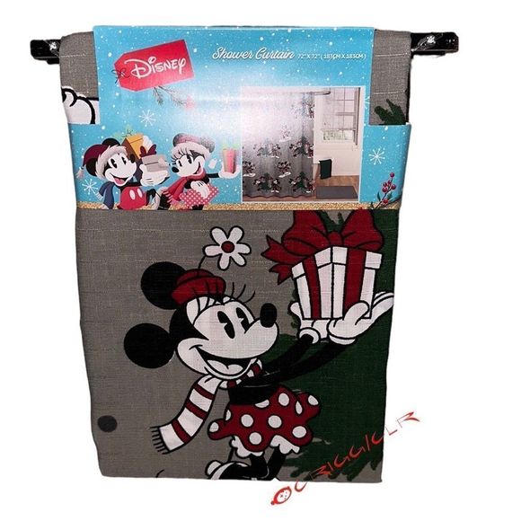 Disney Mickey and Minnie Gray Christmas Ice Skating Shower Curtain - Picture 1 of 6